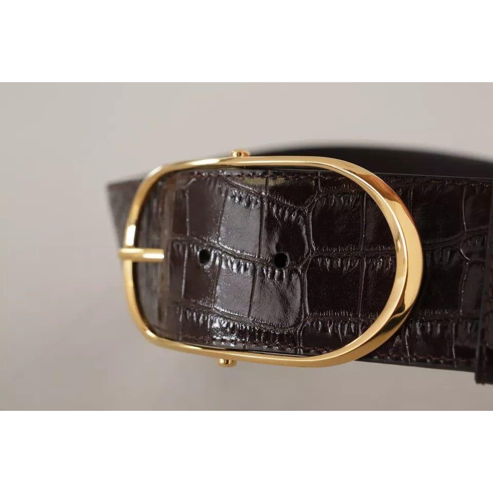 Dolce & Gabbana Brown Crocodile Pattern Leather Gold Oval Buckle Belt Dolce & Gabbana