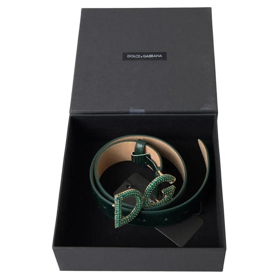 Dolce & Gabbana Green Iguana Leather DG Crystal Gold Buckle Belt Dolce & Gabbana