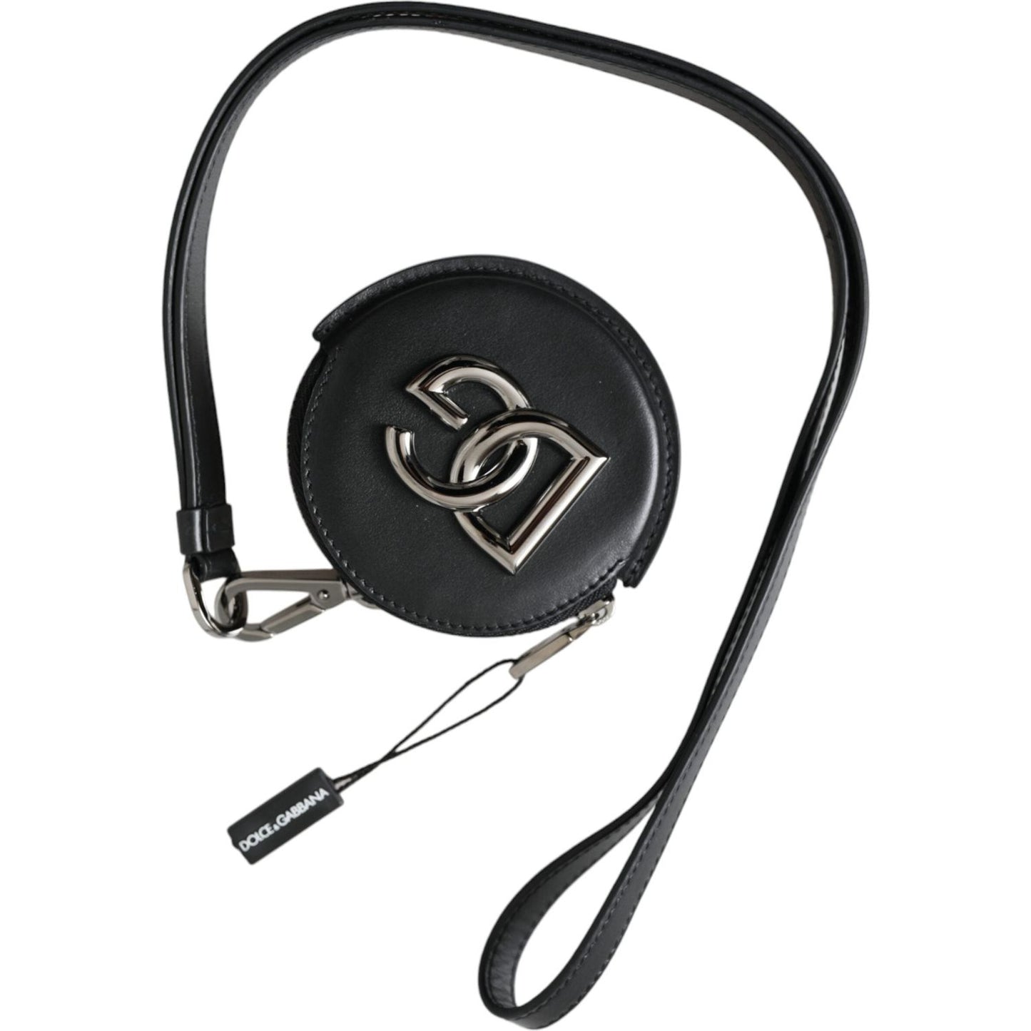 Dolce & Gabbana Black Round Leather DG Logo Coin Purse Lanyard Wallet Dolce & Gabbana