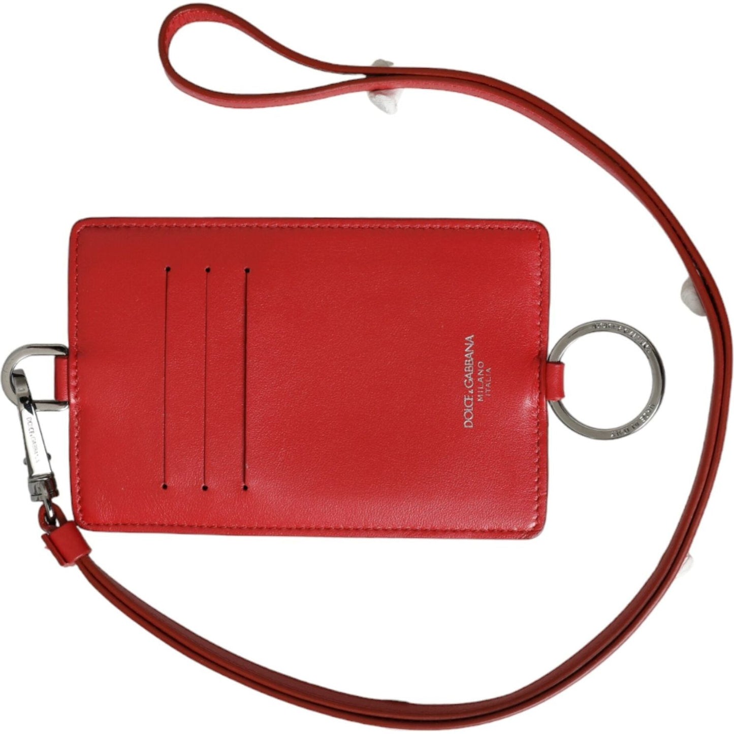 Dolce & Gabbana Red Calfskin Leather Lanyard Logo Card Holder Wallet Dolce & Gabbana