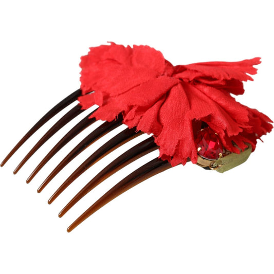 Dolce & Gabbana Red Silk Floral Gold Brass Women Hair Comb FASHION ACCESSORIES Dolce & Gabbana