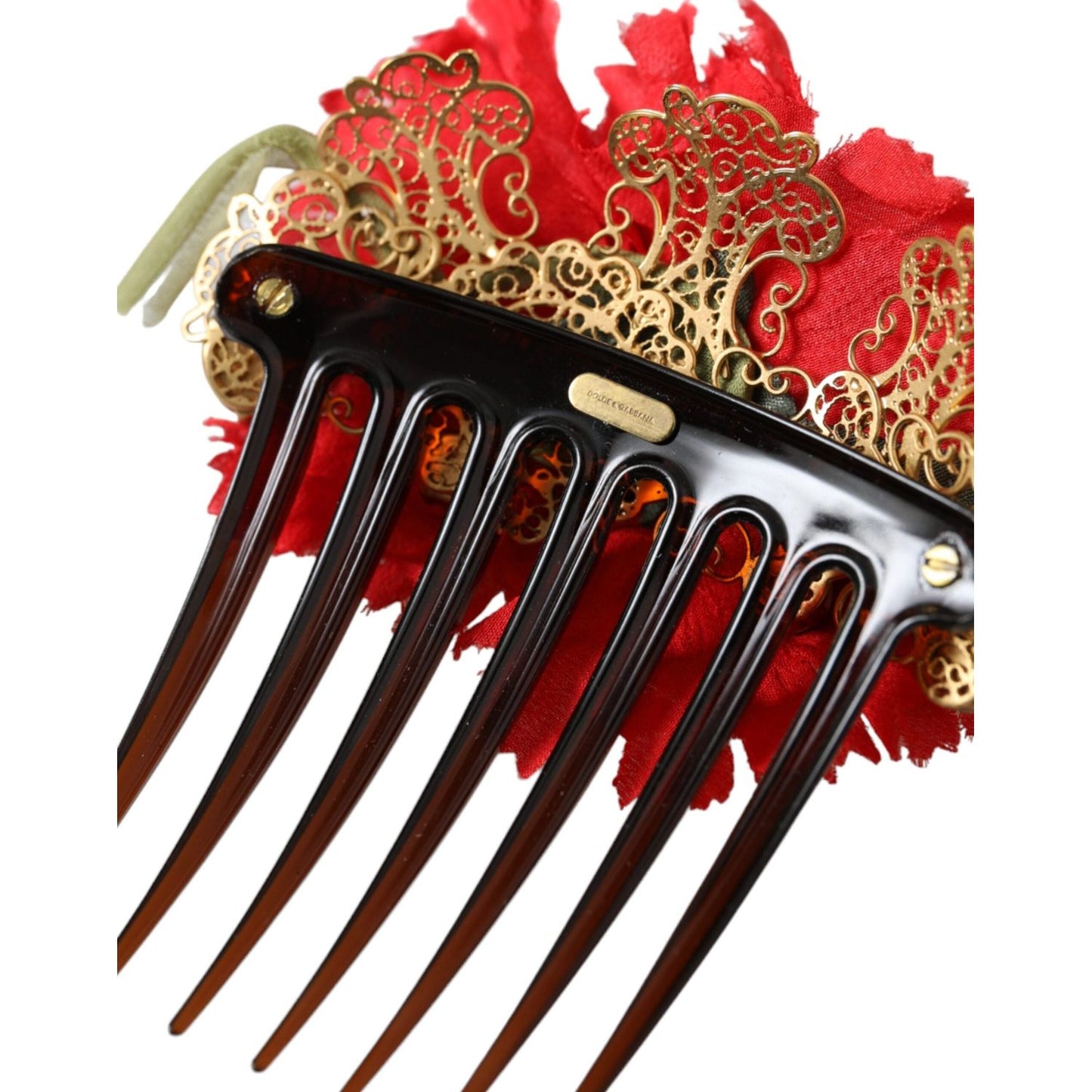 Dolce & Gabbana Red Silk Floral Gold Brass Women Hair Comb FASHION ACCESSORIES Dolce & Gabbana