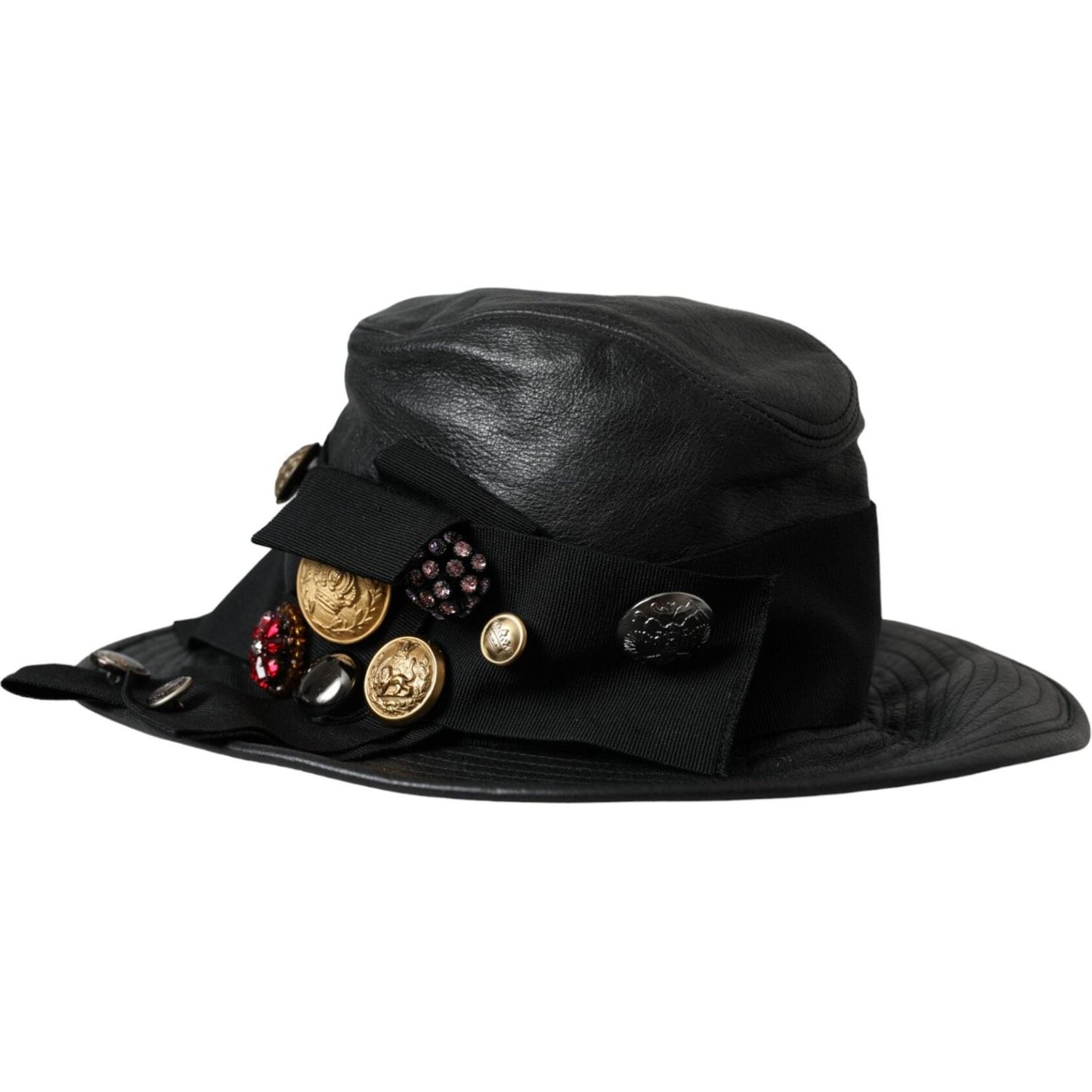 Dolce & Gabbana Black Leather DG Coin Crystal Wide Brim Hat Dolce & Gabbana