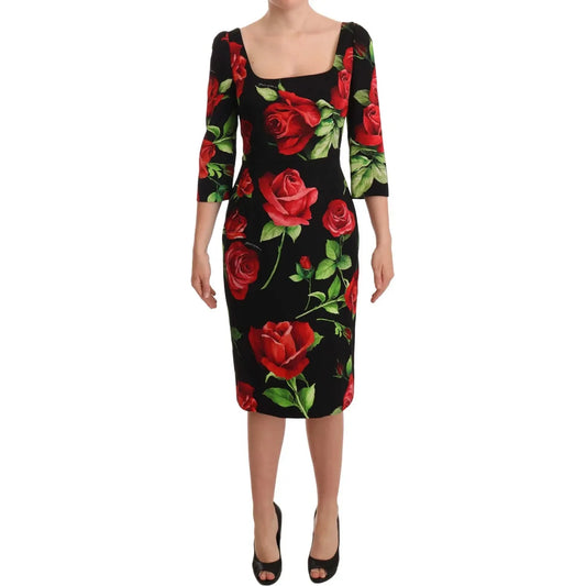 Dolce & Gabbana Black Red Roses Sheath Silk Stretch Dress Dolce & Gabbana