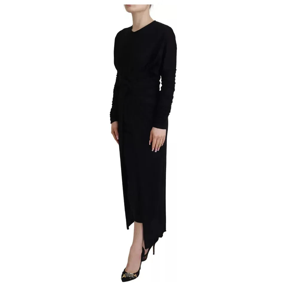 Dolce & Gabbana Black Sheath Midi Gown Wool Wrap Dress Dolce & Gabbana