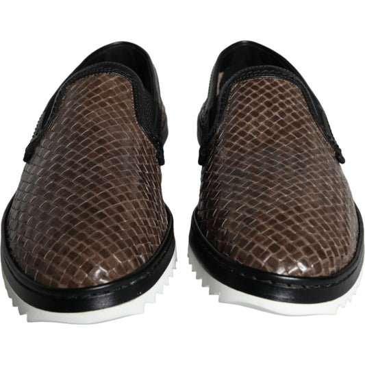 Dolce & Gabbana Brown Black Leather Weaved Men Loafers Shoes Dolce & Gabbana