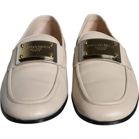 Dolce & Gabbana Beige Leather Logo Plaque Slip On Men Loafers Shoes Dolce & Gabbana