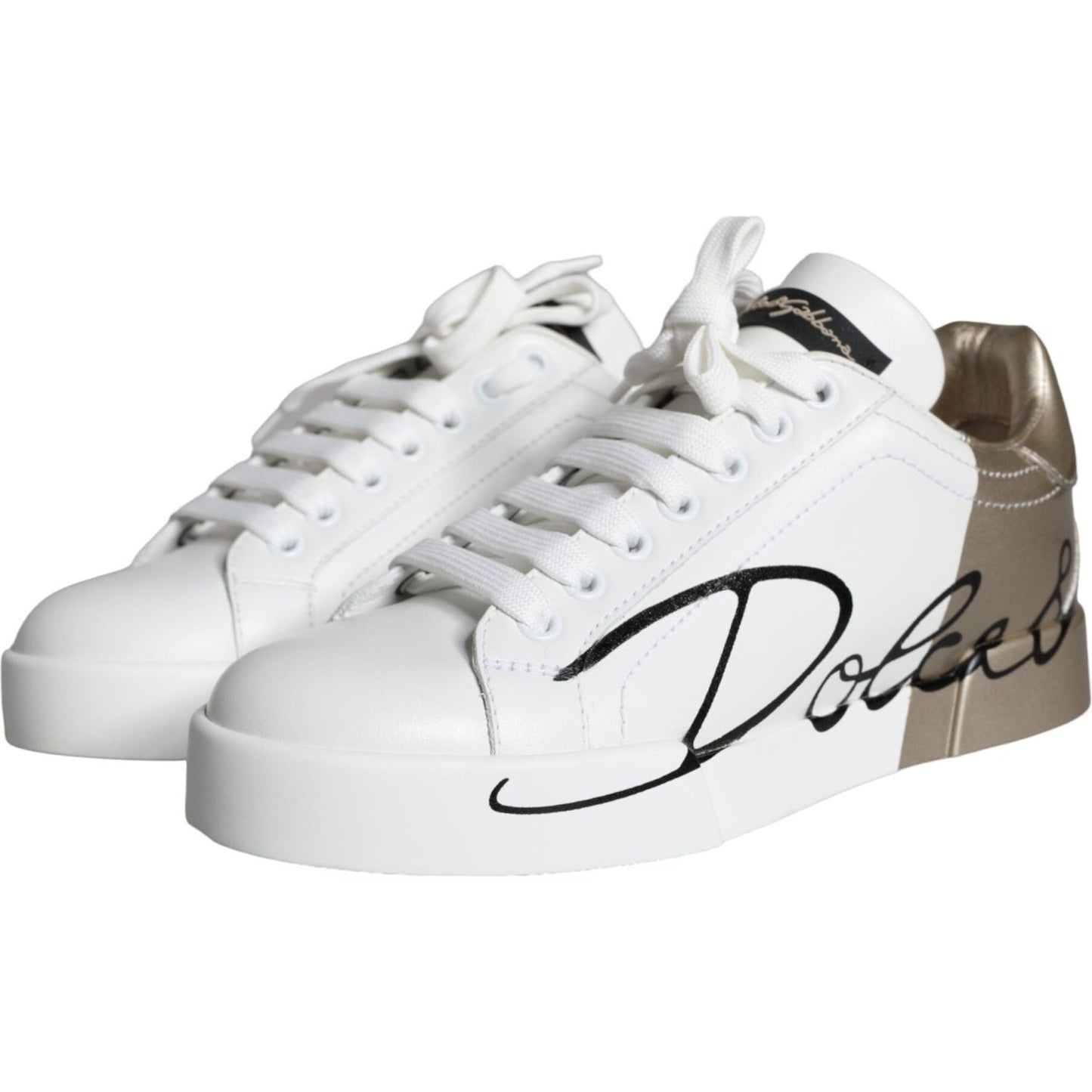 Dolce & Gabbana White Gold Portofino Low Top Leather Sneakers Shoes Dolce & Gabbana