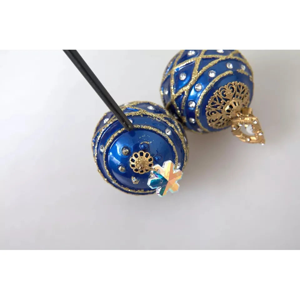 Dolce & Gabbana Gold Brass Blue Dangle Christmas Ball Crystal Clip On Earrings Earrings Dolce & Gabbana