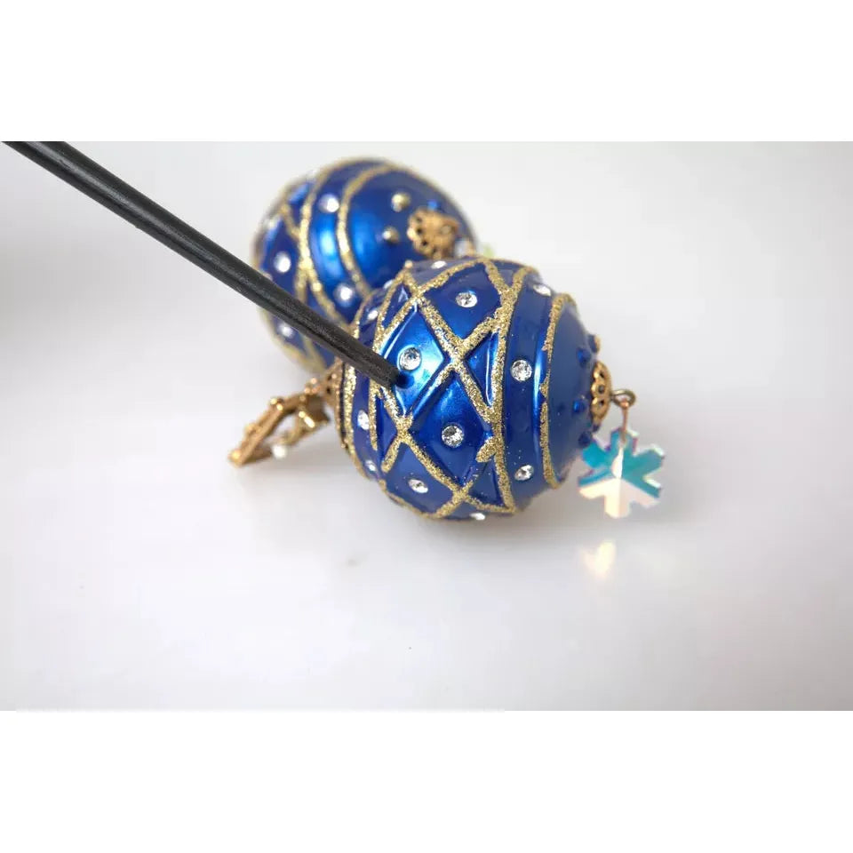 Dolce & Gabbana Gold Brass Blue Dangle Christmas Ball Crystal Clip On Earrings Earrings Dolce & Gabbana