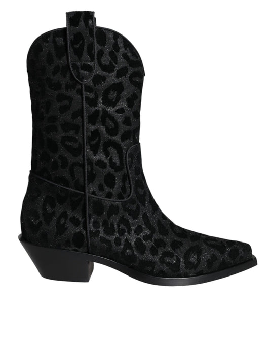 Dolce & Gabbana Black Gray Leopard Cowboy Boots Shoes Dolce & Gabbana