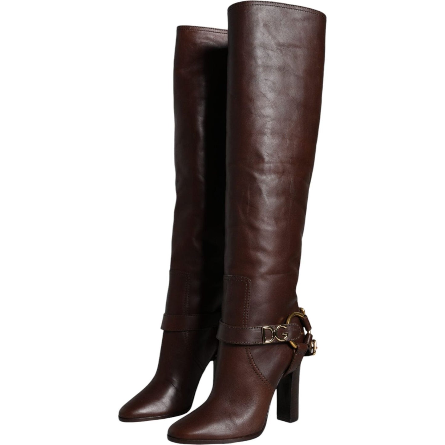 Dolce & Gabbana Brown Leather Gold Tone Logo High Boots Shoes