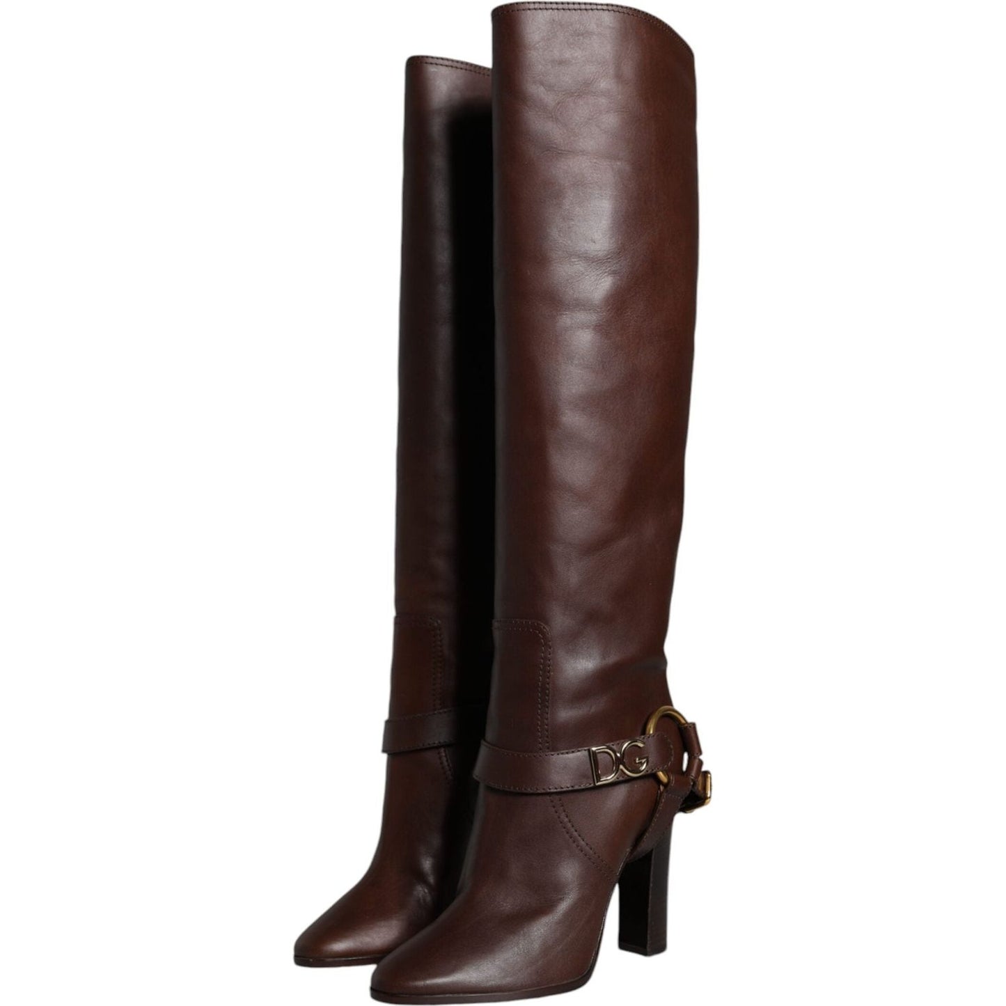 Dolce & Gabbana Brown Leather Gold Tone Logo High Boots Shoes