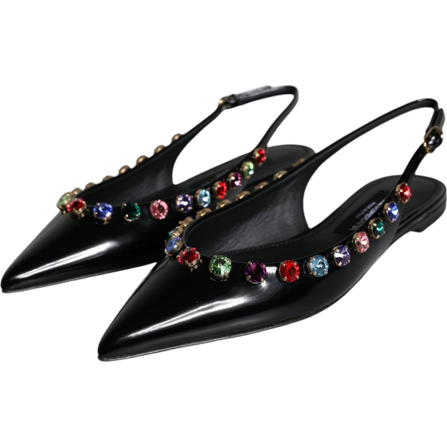 Dolce & Gabbana Black Leather Crystal Flats Slingback Shoes Dolce & Gabbana