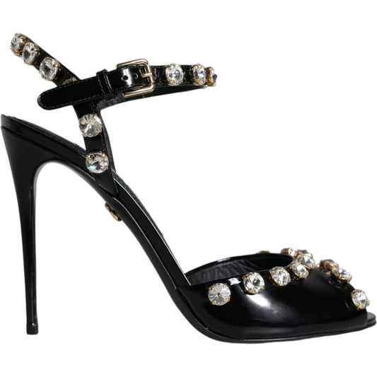 Dolce & Gabbana Black Leather Crystal Ankle Strap Sandals Shoes Dolce & Gabbana