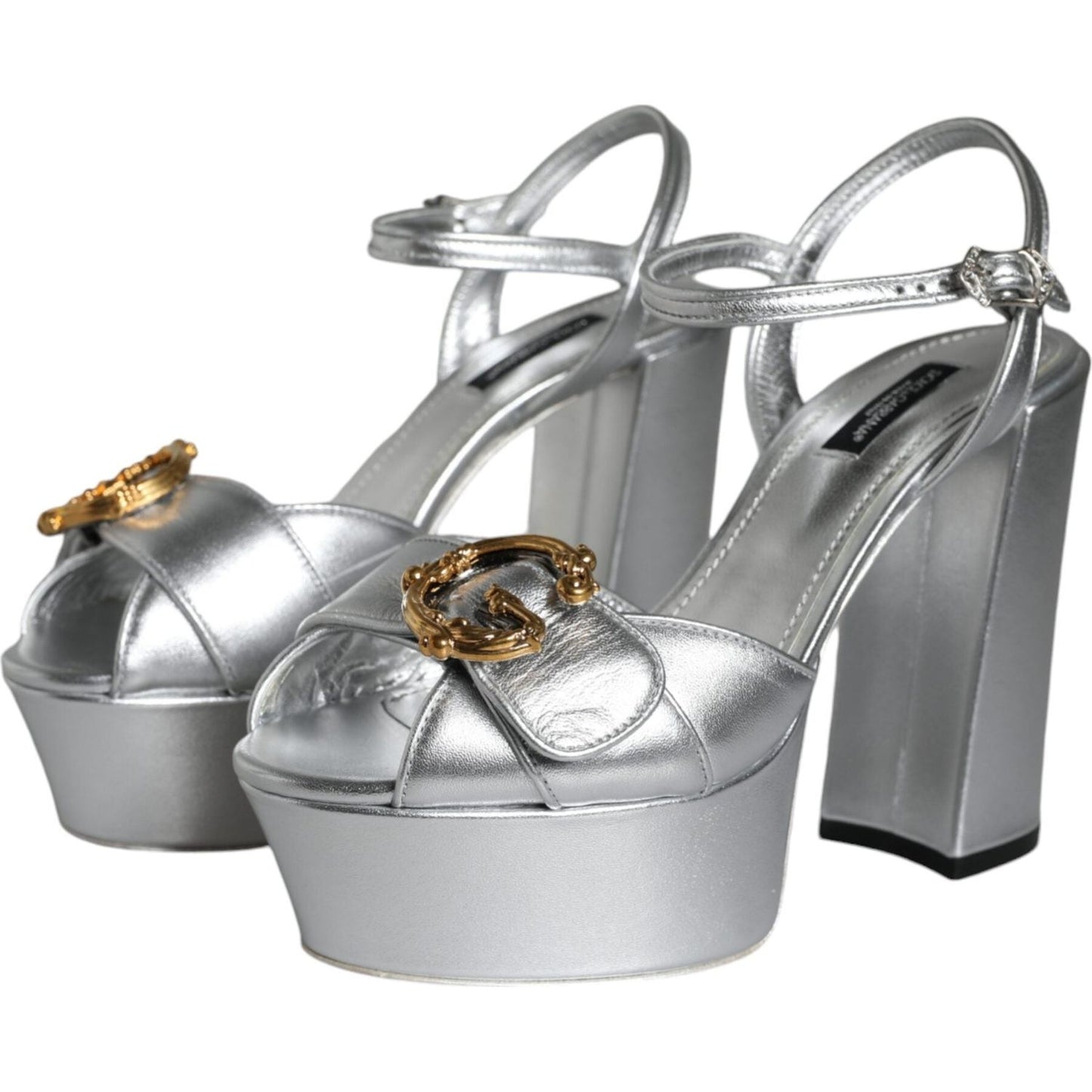 Dolce & Gabbana Silver Leather Platform Logo Keira Sandals Shoes Dolce & Gabbana