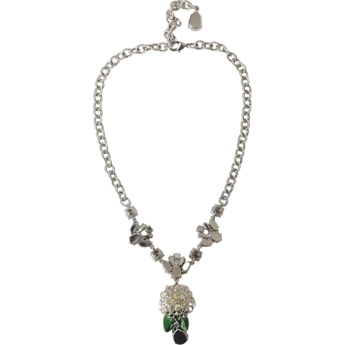 Dolce & Gabbana Silver Brass Clear Crystal Roses Pendants Necklace Necklace Dolce & Gabbana