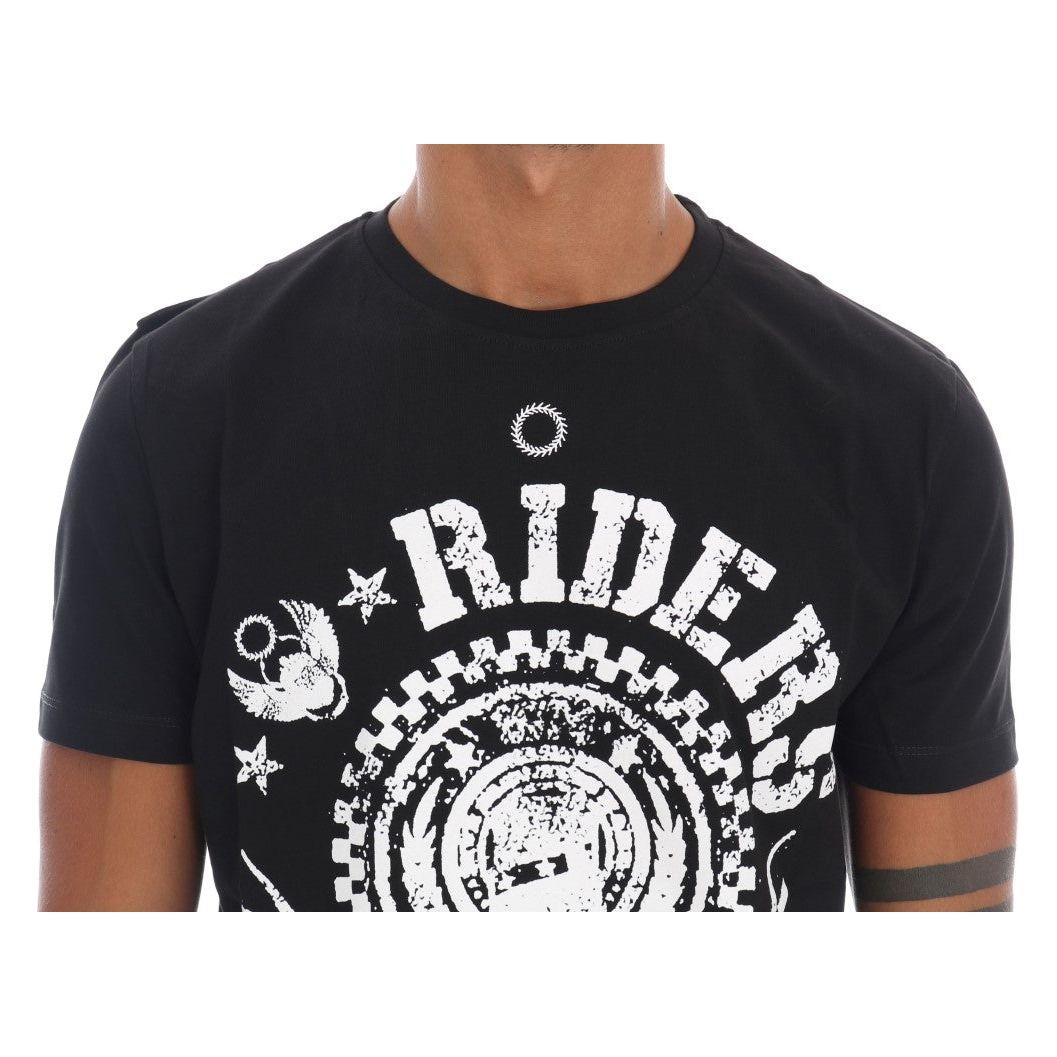 Frankie Morello Chic Black Crewneck Tee with 'RIDERS' Motif Frankie Morello