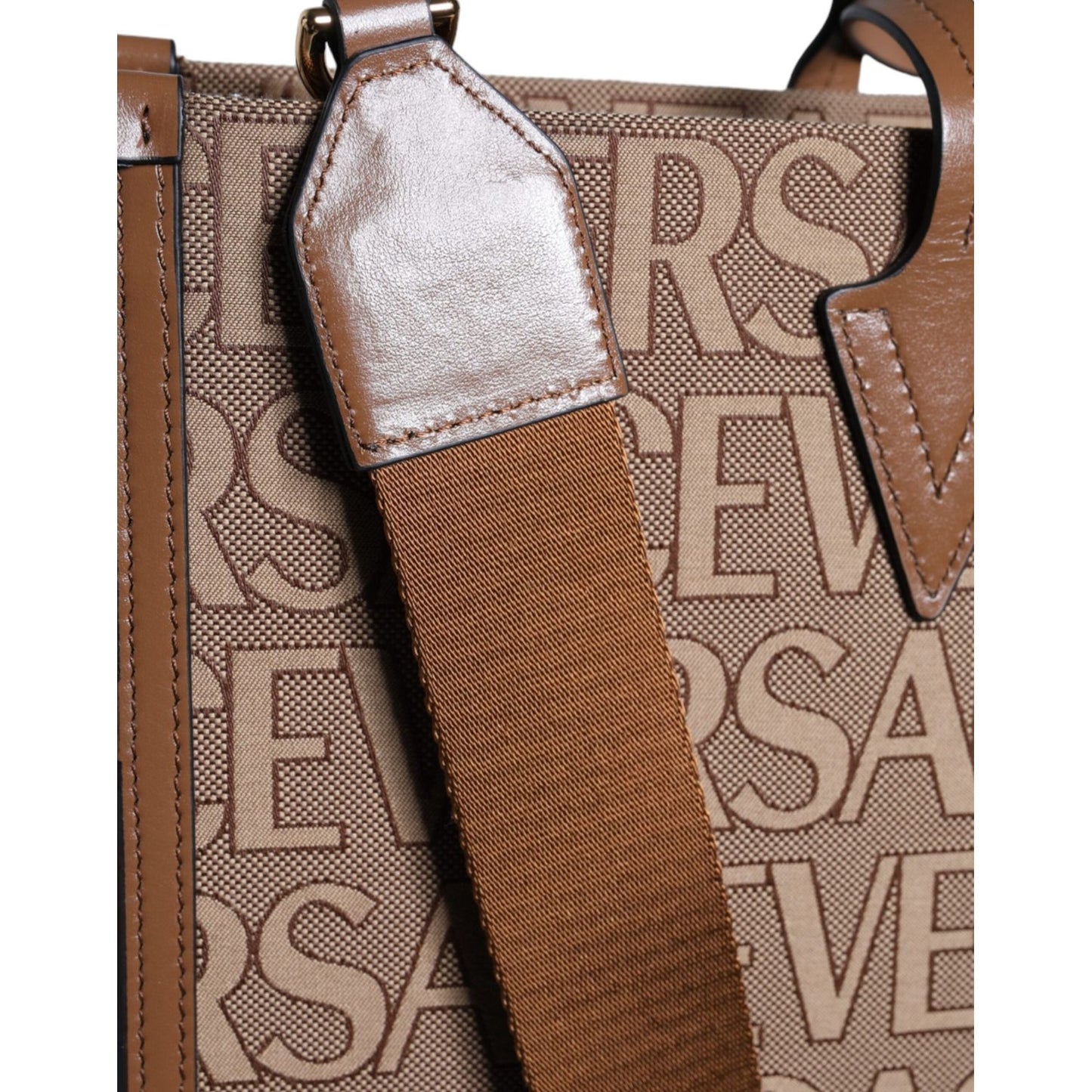 Versace Brown Top Handle Jacquard Leather Logo Crossbody Tote Bag Versace