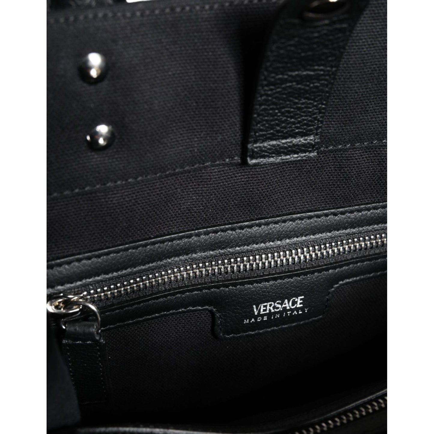 Versace Black Top Handle Canvas Leather Logo Crossbody Tote Bag Versace