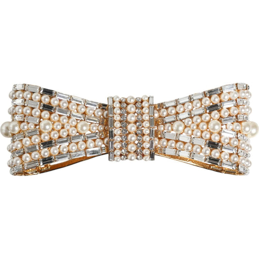 Dolce & Gabbana Gold Tone Brass Bow Crystal FauxPearl Embellished Brooch Brooch Dolce & Gabbana