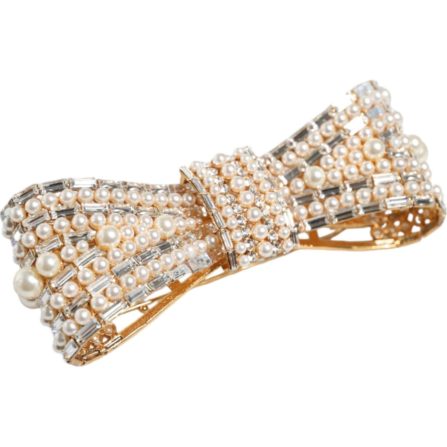 Dolce & Gabbana Gold Tone Brass Bow Crystal FauxPearl Embellished Brooch Brooch Dolce & Gabbana