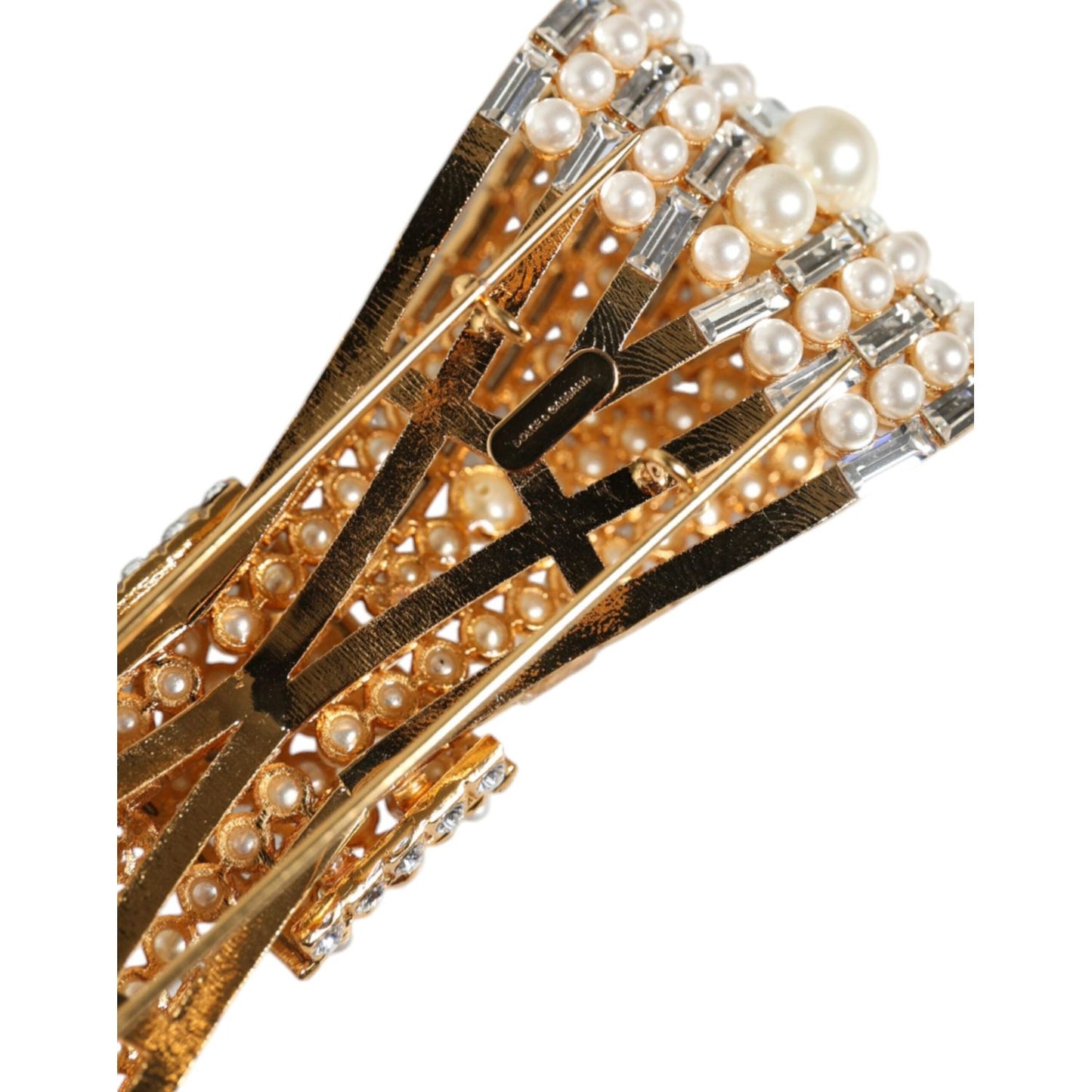 Dolce & Gabbana Gold Tone Brass Bow Crystal FauxPearl Embellished Brooch Brooch Dolce & Gabbana