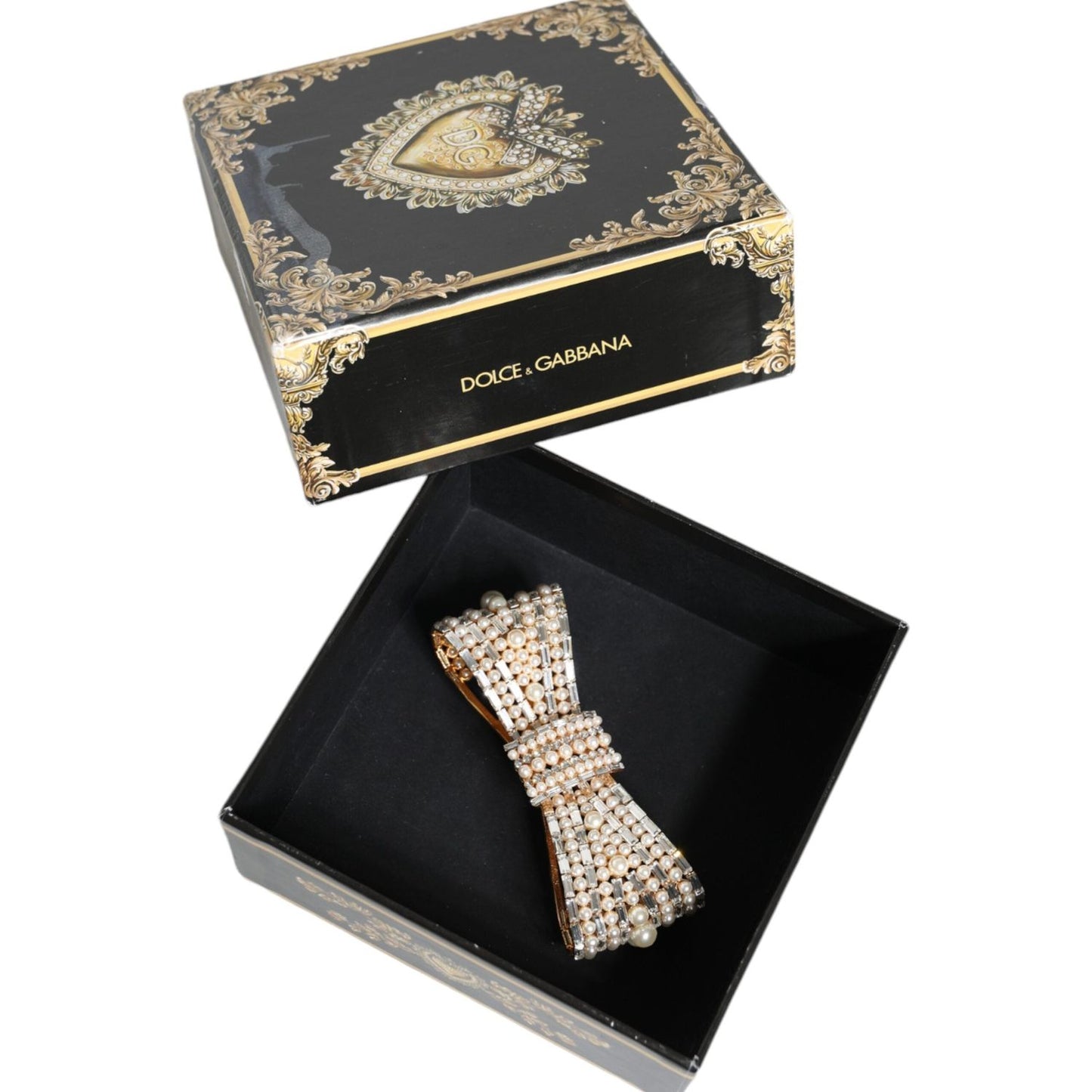 Dolce & Gabbana Gold Tone Brass Bow Crystal FauxPearl Embellished Brooch Brooch Dolce & Gabbana