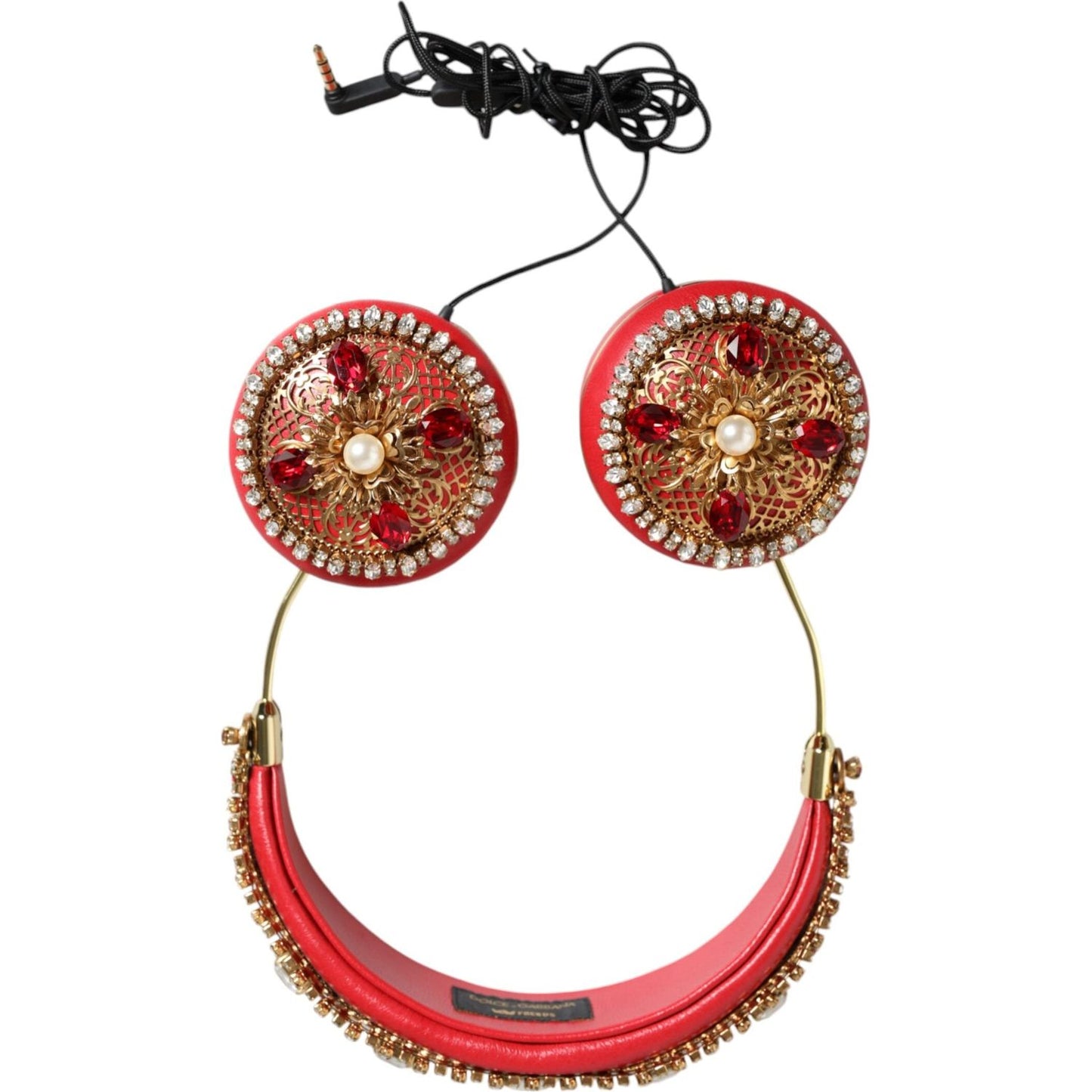 Dolce & Gabbana Red Nappa Leather Floral Crystal Headphone Dolce & Gabbana