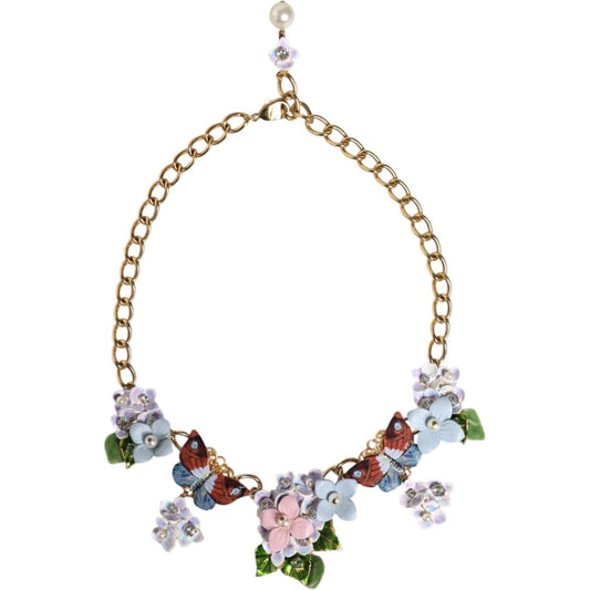 Dolce & Gabbana Multicolor Floral Decor Crystal Gold Brass Chain Necklace Necklace Dolce & Gabbana