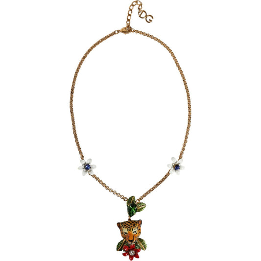 Dolce & Gabbana Gold Brass Leopard Flower Embellished Statement Necklace Necklace Dolce & Gabbana