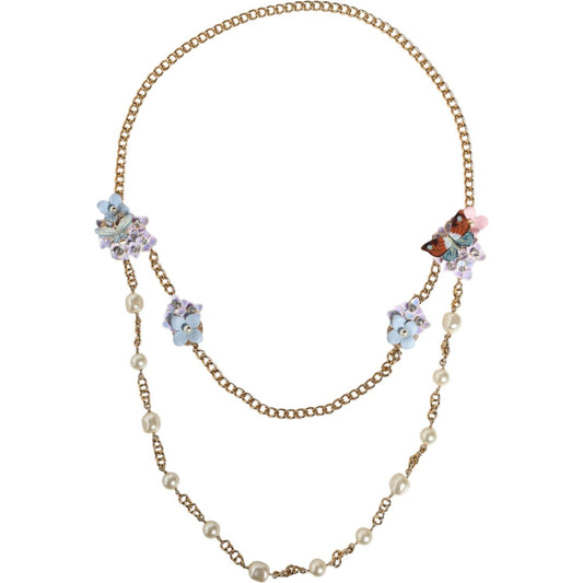 Dolce & Gabbana Gold Chain Brass Floral Layered Crystal Pearl Necklace Necklace Dolce & Gabbana