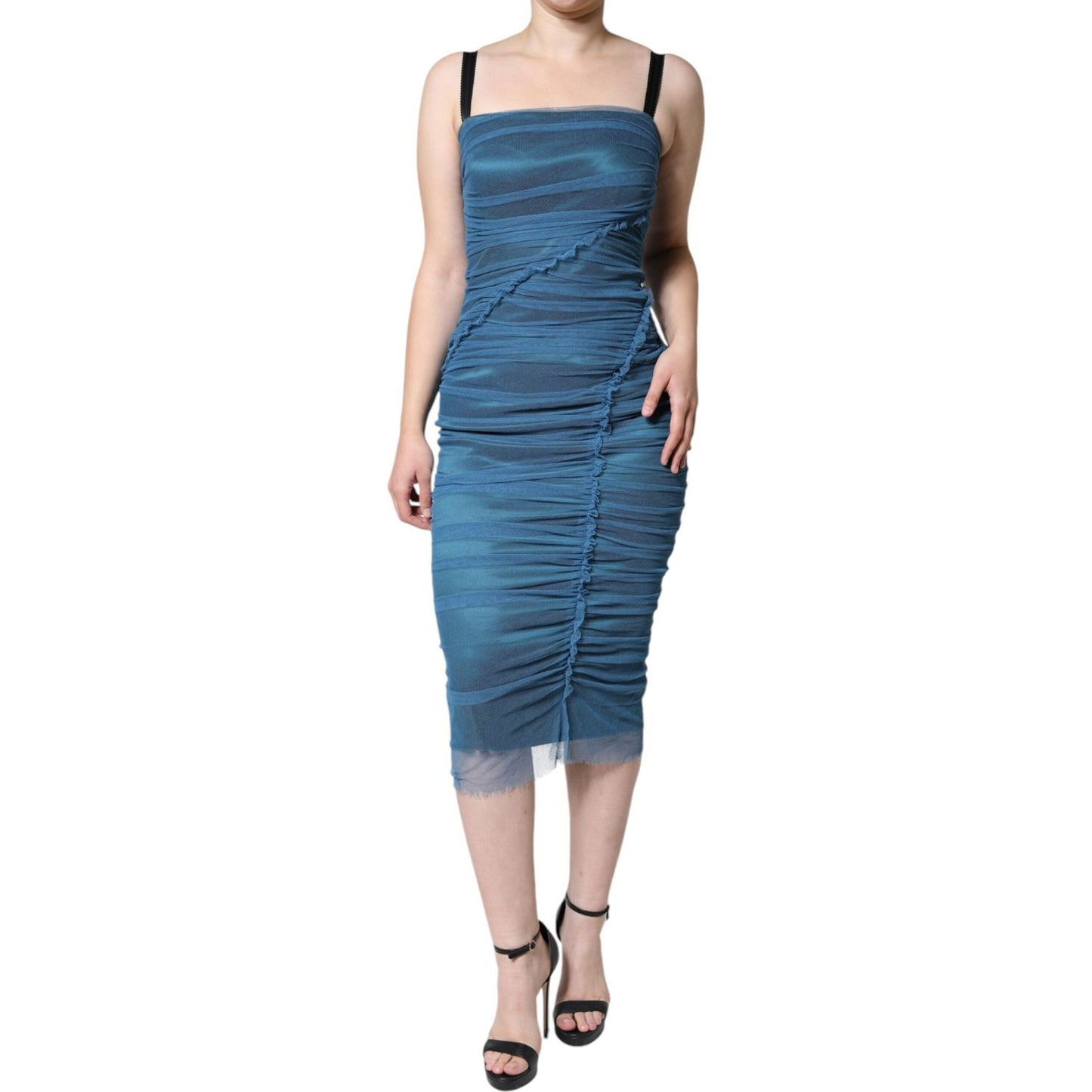 Dolce & Gabbana Blue Mesh Trim Ruched Tulle Sheath Dress Dolce & Gabbana