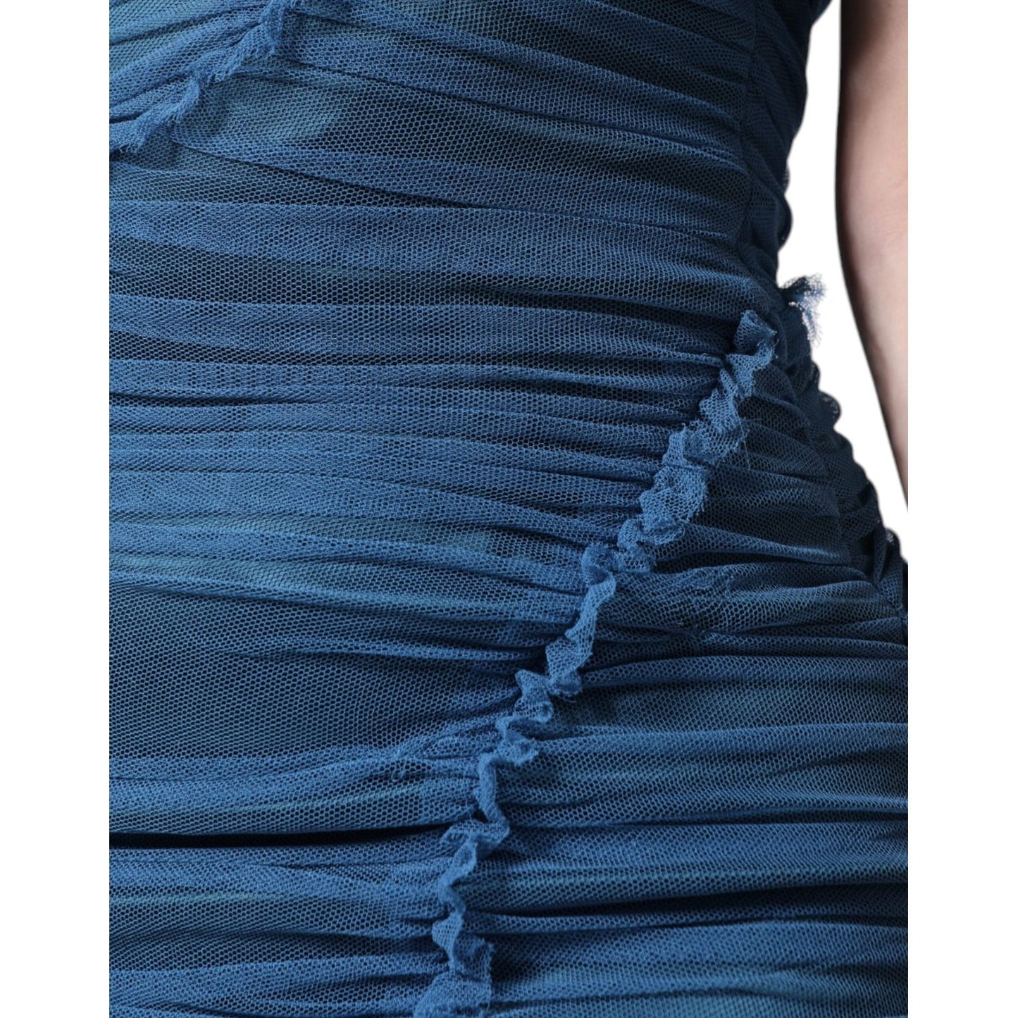 Dolce & Gabbana Blue Mesh Trim Ruched Tulle Sheath Dress Dolce & Gabbana