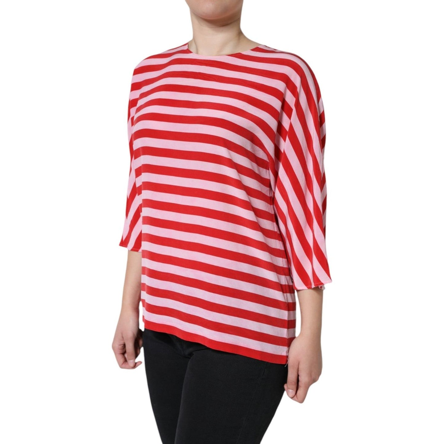 Dolce & Gabbana White Red Striped Silk Round Neck T-shirt Dolce & Gabbana