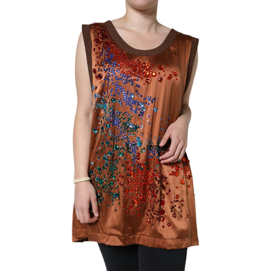 Dolce & Gabbana Brown Crystal Embellished Sleeveless Tank Top Dolce & Gabbana