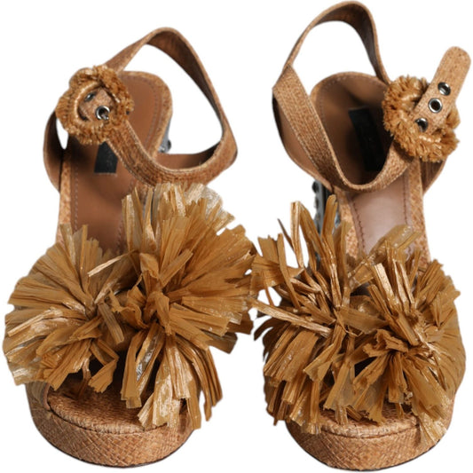 Dolce & Gabbana Brown Raffia Ankle Strap Crystal Sandals Shoes Dolce & Gabbana