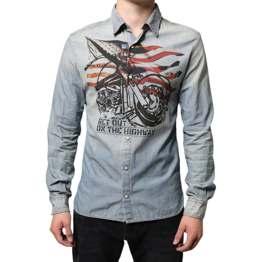 John Galliano Light Blue Printed Cotton Denim Long Sleeves Shirt John Galliano