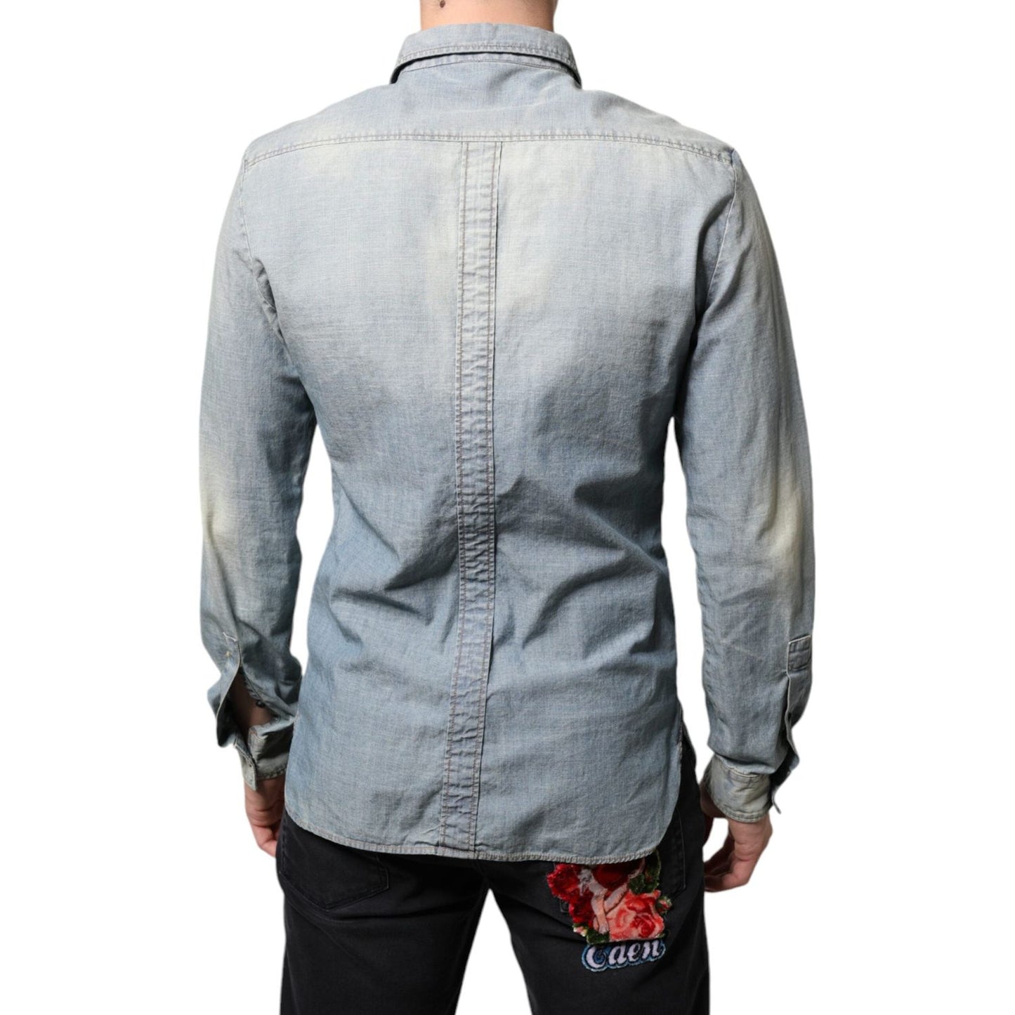 John Galliano Light Blue Printed Cotton Denim Long Sleeves Shirt John Galliano