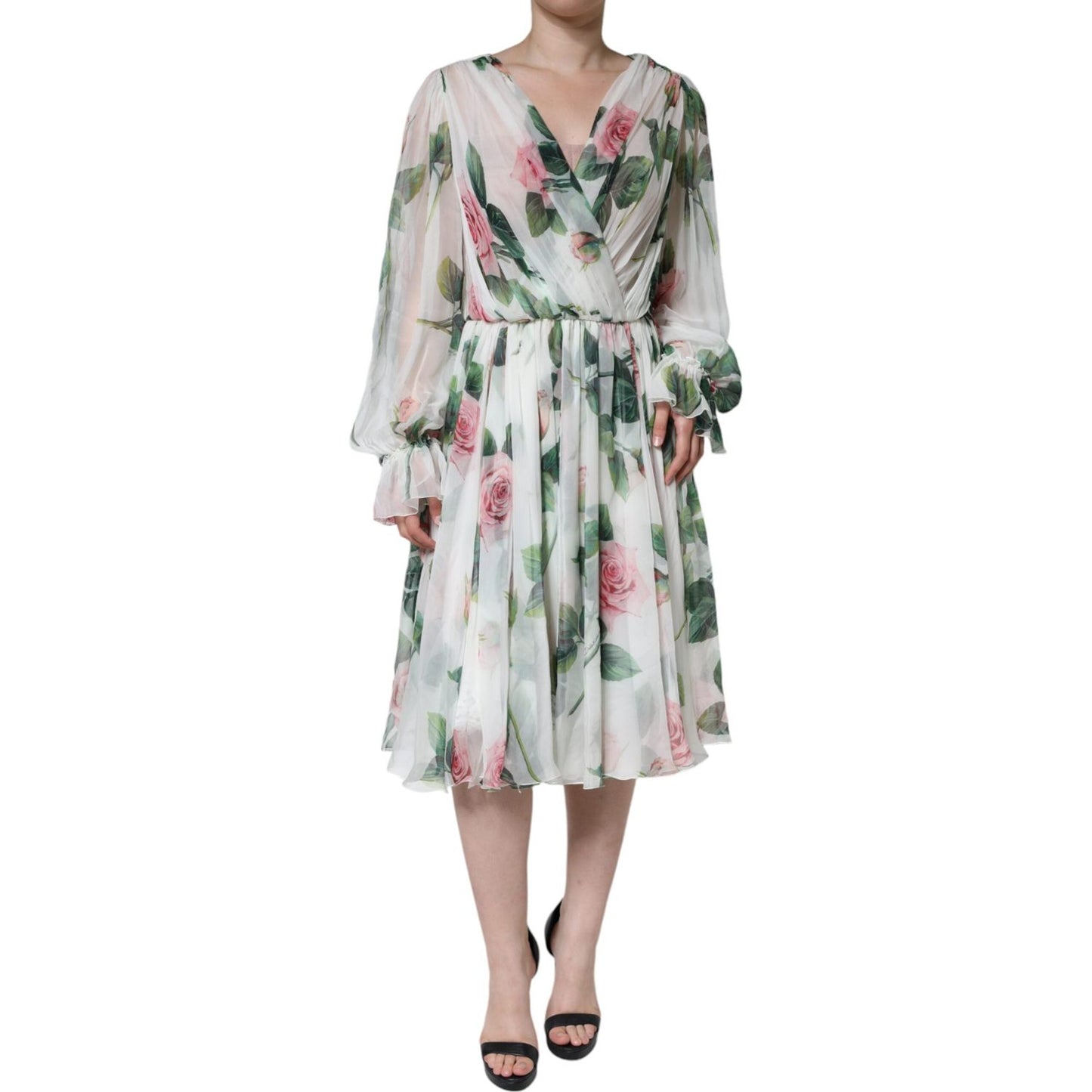 Dolce & Gabbana White Silk Floral Print A-line Midi Dress Dolce & Gabbana