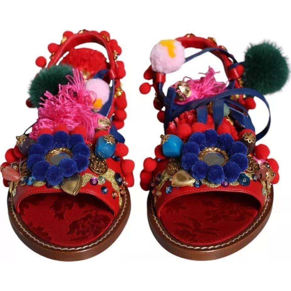 Dolce & Gabbana Multicolor Pom Pom Fur Wrap Sandals Shoes Dolce & Gabbana