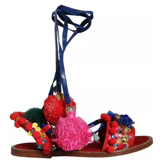 Dolce & Gabbana Multicolor Pom Pom Fur Wrap Sandals Shoes Dolce & Gabbana