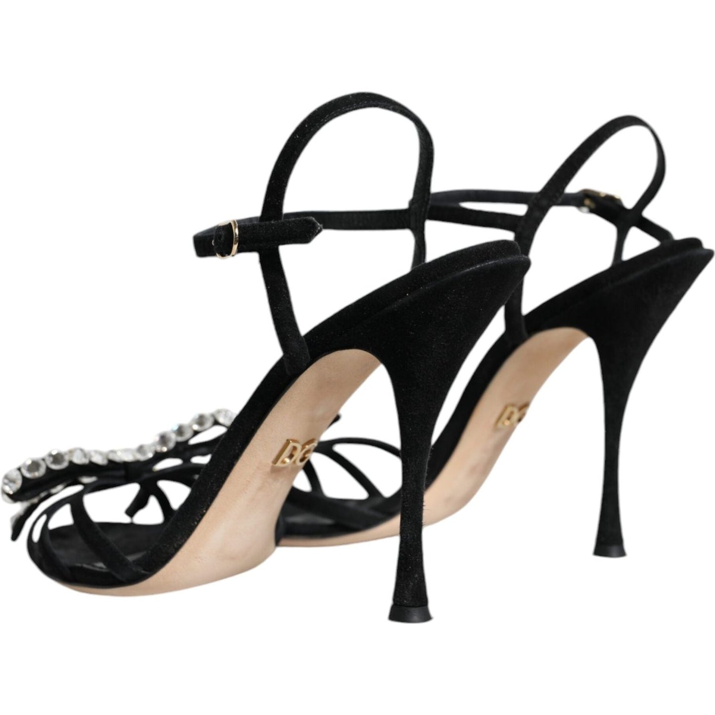 Dolce & Gabbana Black Leather Crystal Bow Heels Sandals Shoes Dolce & Gabbana