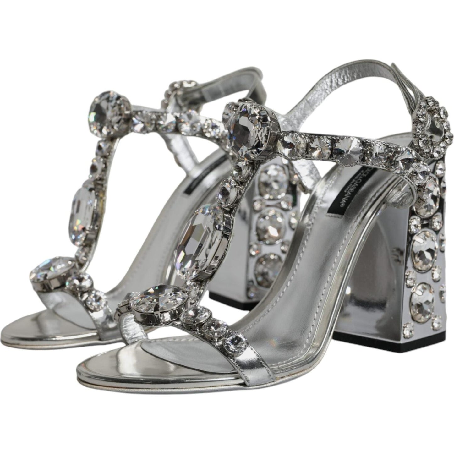 Dolce & Gabbana Silver Leather T-strap Crystal Sandals Shoes Dolce & Gabbana