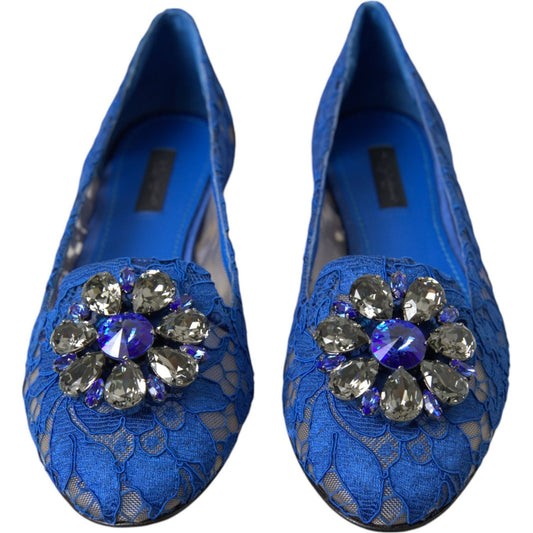 Dolce & Gabbana Blue Lace Crystal Ballet Flats Loafers Shoes Dolce & Gabbana