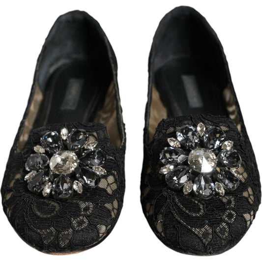 Dolce & Gabbana Black Lace Crystal Ballet Flats Loafer Shoes Dolce & Gabbana