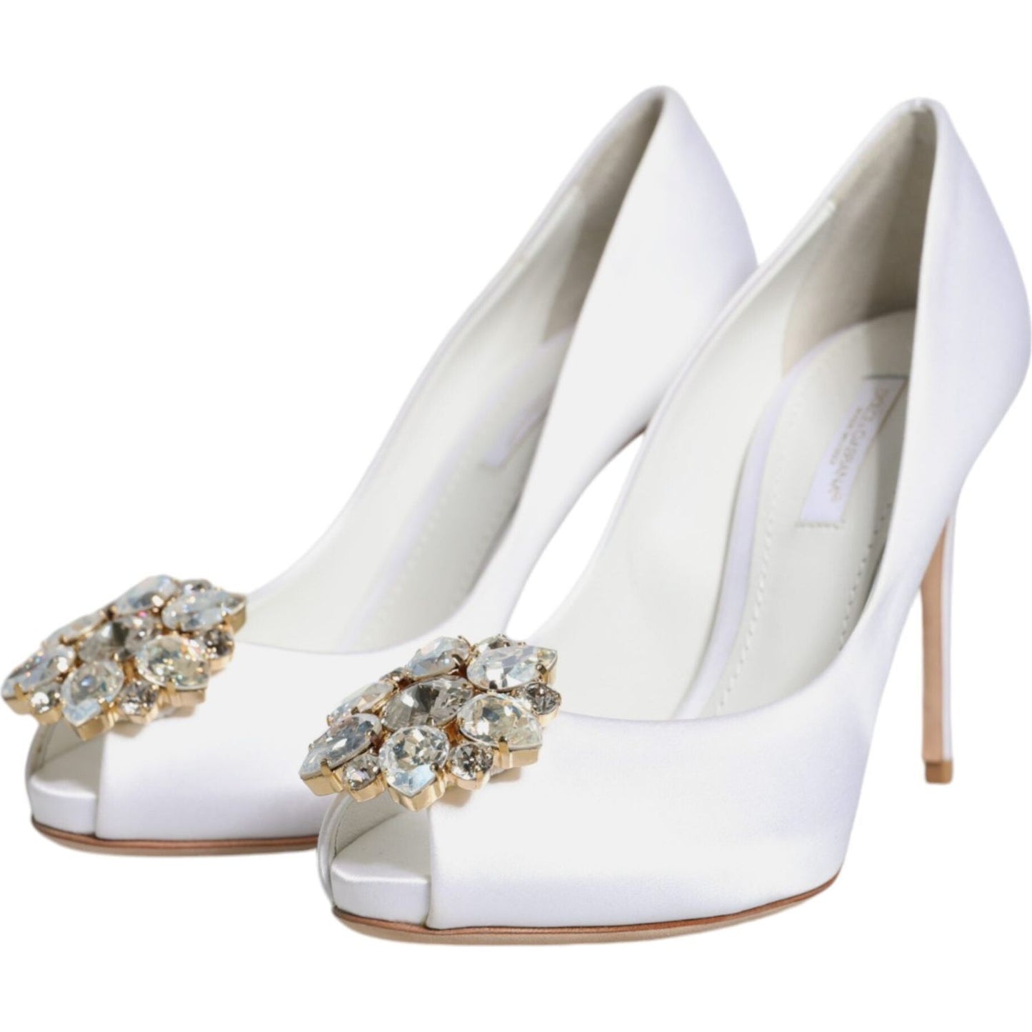 Dolce & Gabbana White Crystals Peep Toe Satin Pumps Shoes Dolce & Gabbana