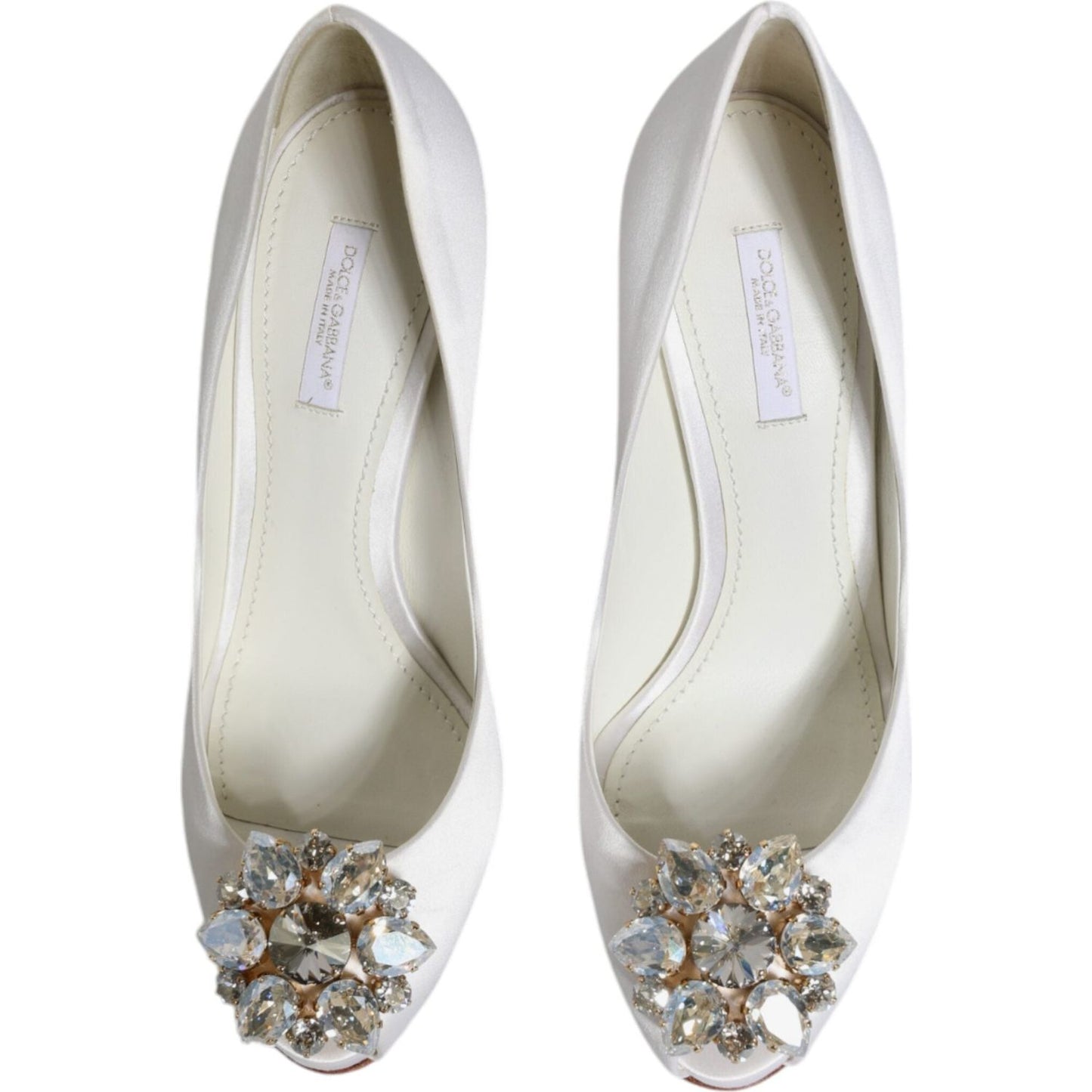 Dolce & Gabbana White Crystals Peep Toe Satin Pumps Shoes Dolce & Gabbana