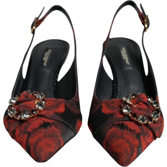 Dolce & Gabbana Black Red Floral Crystal Heel Slingback Shoes Dolce & Gabbana