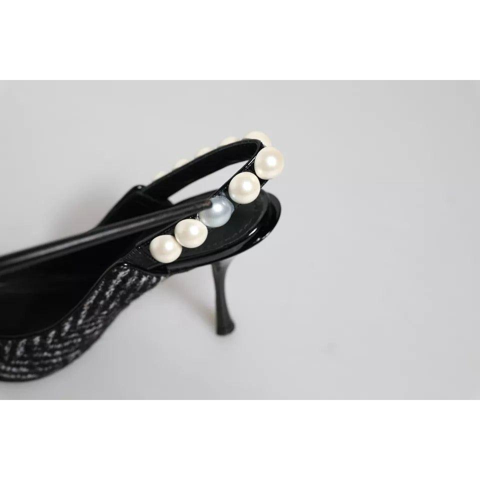 Dolce & Gabbana White Black Chevron Faux Pearl Slingback Shoes Dolce & Gabbana